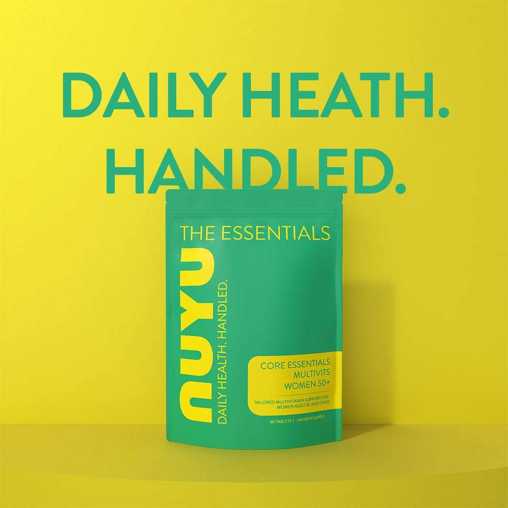 NUYU daily vitamins for women 50+ in green pouch on bright yellow background