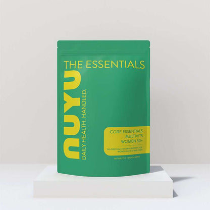 NUYU Core Essentials Women's 50+ multivitamin supplement UK in green pouch on white stand