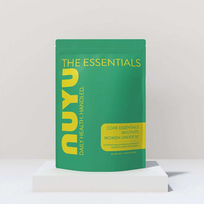 NUYU Core Essentials women's multivitamin supplement UK in green pouch on white platform