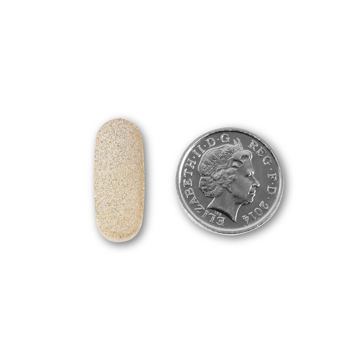 NUYU women's multivitamin supplement UK tablet shown next to coin for size comparison
