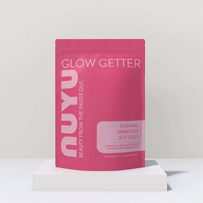 NUYU Evening Primrose Softgels pink wellness supplement UK package on white platform