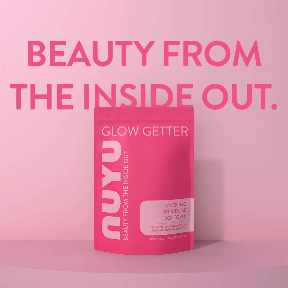 NUYU Evening Primrose softgels pink package against gradient background, wellness supplement UK