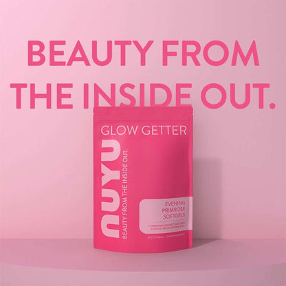NUYU Evening Primrose softgels pink package against gradient background, wellness supplement UK