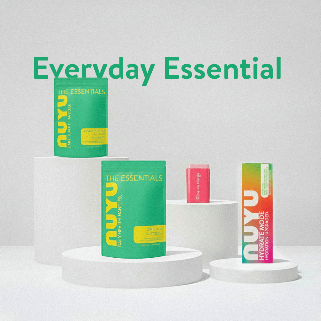 NUYU everyday magnesium spray UK essentials kit with green omega and coral electrolyte packaging