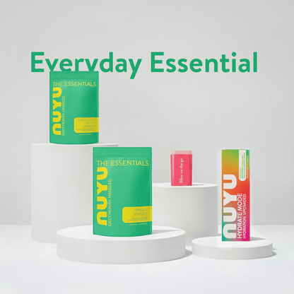 NUYU everyday magnesium spray UK essentials kit with green omega and coral electrolyte packaging