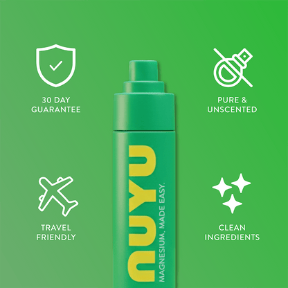 NUYU everyday magnesium spray UK with green bottle showing travel friendly and clean ingredients icons