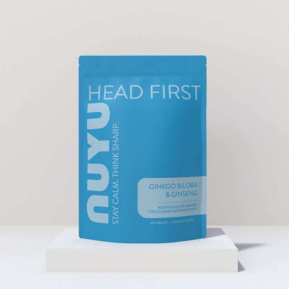 NUYU Head First wellness supplement UK blue pouch on white minimalist background