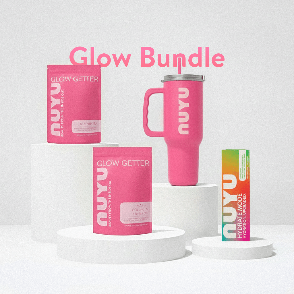 NUYU Glow Bundle featuring pink marine collagen supplements with daily magnesium spray UK tumbler