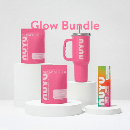 NUYU Glow Bundle featuring pink marine collagen supplements with daily magnesium spray UK tumbler