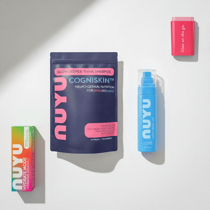 NUYU Glow & Restore Kit wellness supplement UK products displayed on white background with shadows