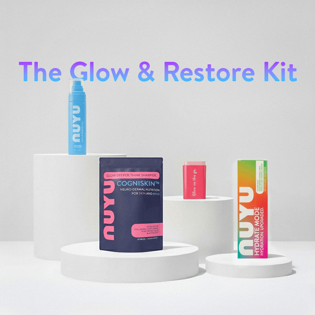 NUYU Glow & Restore Kit wellness supplement UK products displayed on white pedestals with gradient text