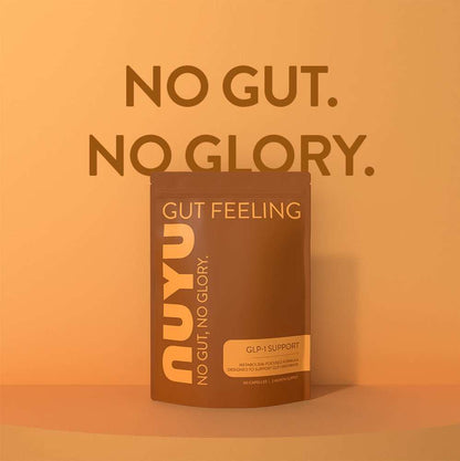 NUYU gut health supplement UK bottle on orange background with No Gut No Glory slogan