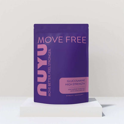 NUYU Move Free glucosamine wellness supplement UK in purple pouch on white platform