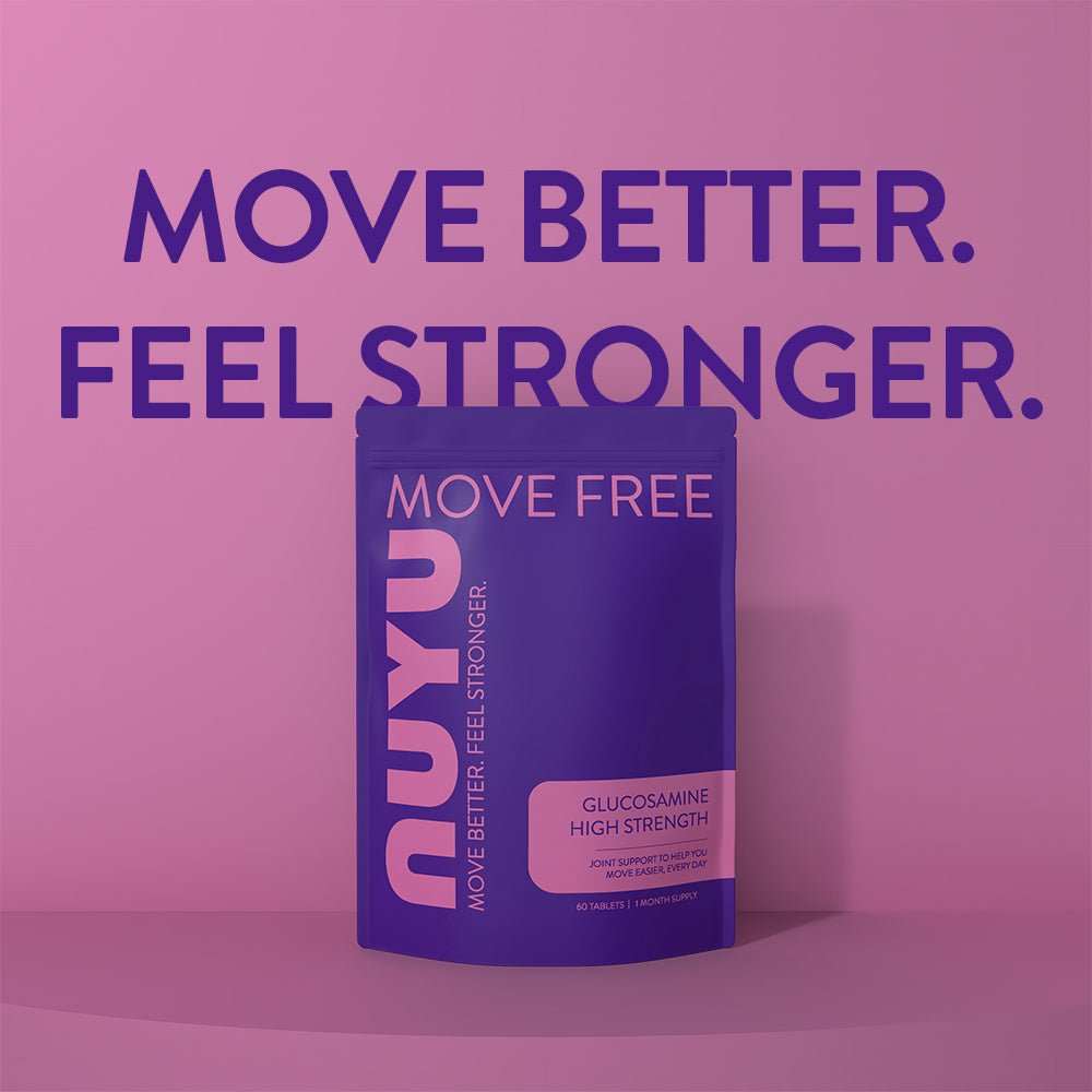NUYU glucosamine supplement bottle on pink gradient background, wellness supplement UK branding