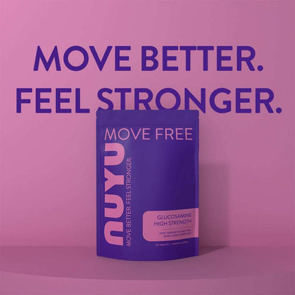 NUYU glucosamine supplement bottle on pink gradient background, wellness supplement UK branding