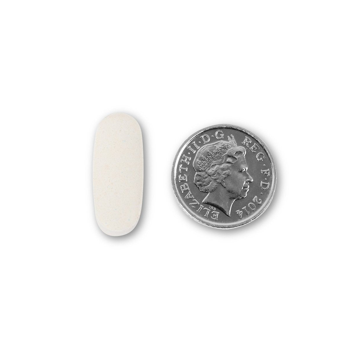 NUYU wellness supplement UK capsule size comparison with British coin showing tablet dimensions