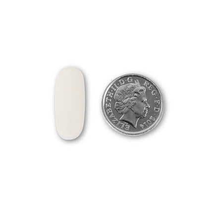 NUYU wellness supplement UK capsule size comparison with British coin showing tablet dimensions
