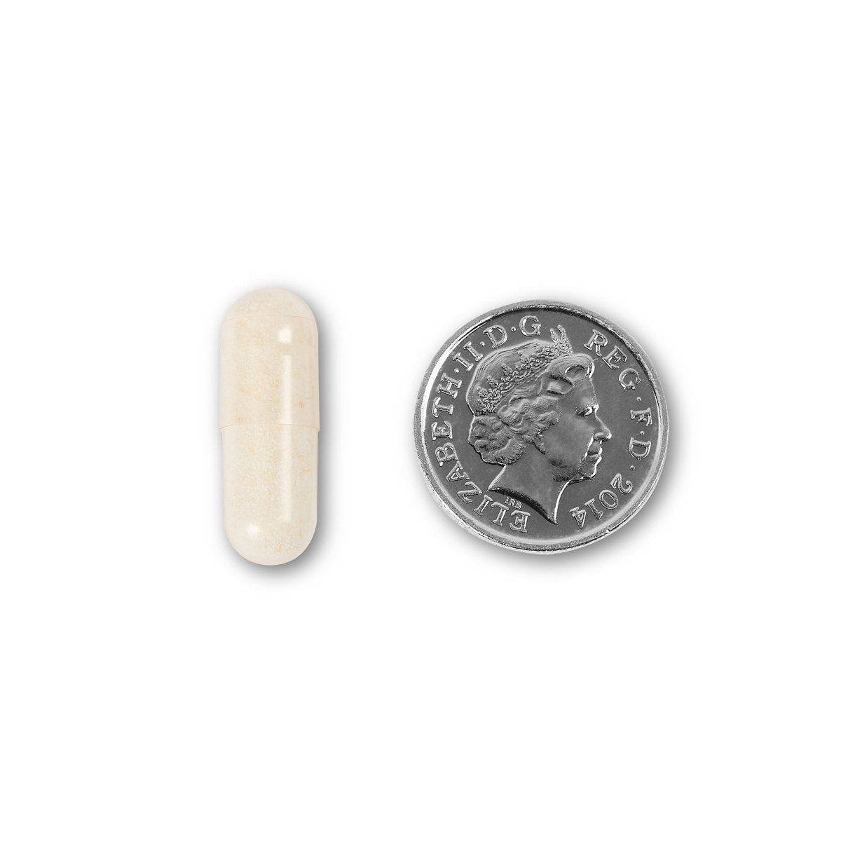 NUYU gut health supplement UK capsule size comparison with British coin on white background
