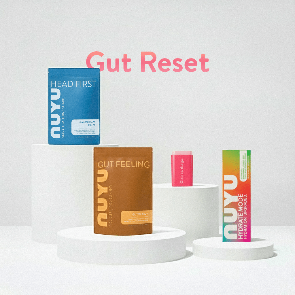 NUYU gut health supplement UK bundle with Head First, Gut Feeling and Hydrate Mode products displayed