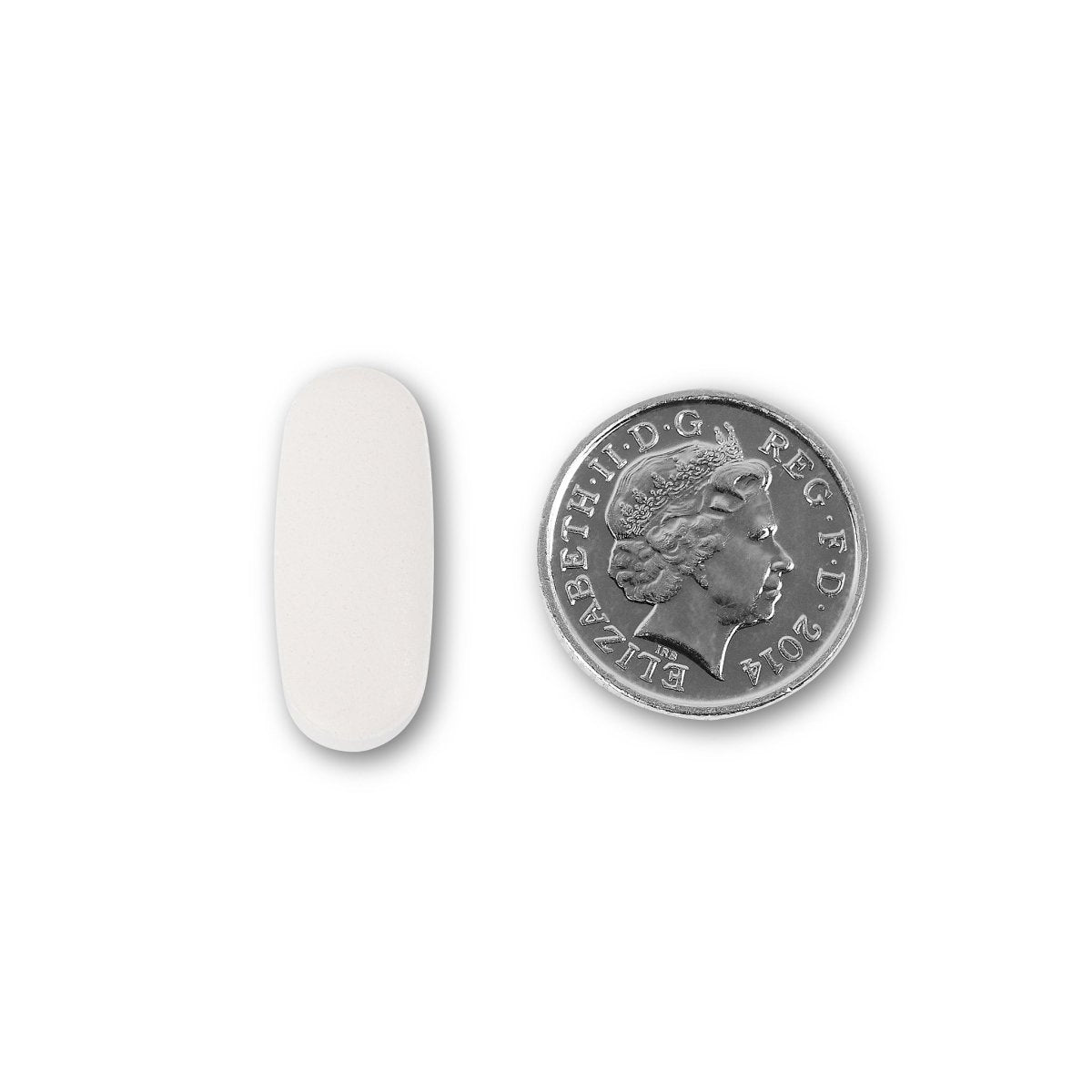 NUYU multivitamin supplement UK size comparison with coin showing white tablet