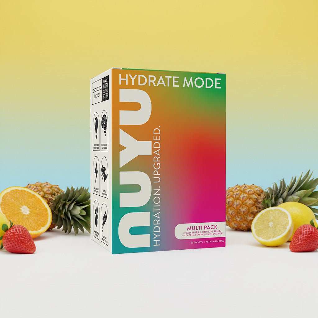 NUYU HYDRATE MODE multi-pack with tropical fruits, hydration electrolyte sachets UK