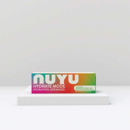 NUYU hydration electrolyte sachets UK starter pack box with vibrant rainbow gradient packaging