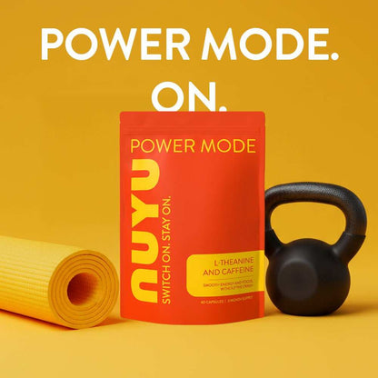 NUYU L-Theanine Caffeine wellness supplement UK with kettlebell and yoga mat on yellow background