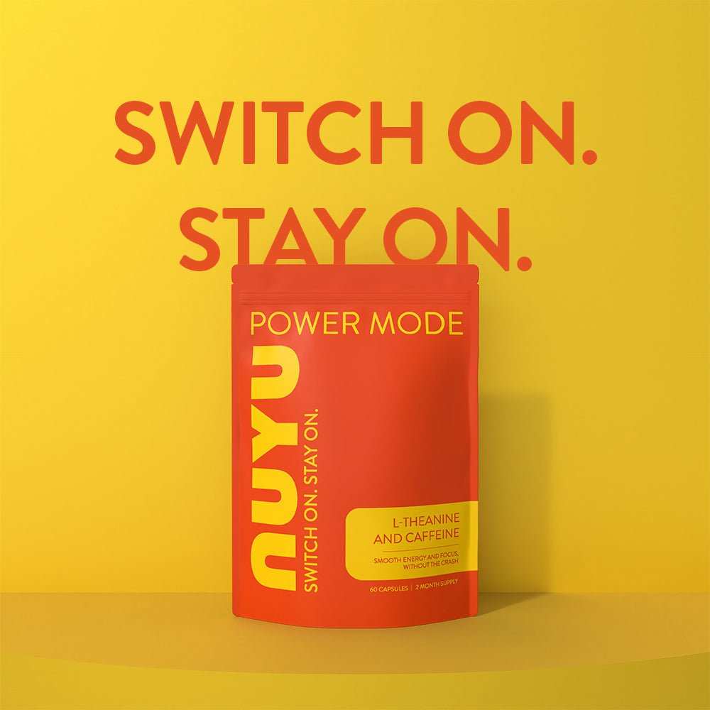 NUYU L-Theanine caffeine wellness supplement UK in bold red packaging on bright yellow background