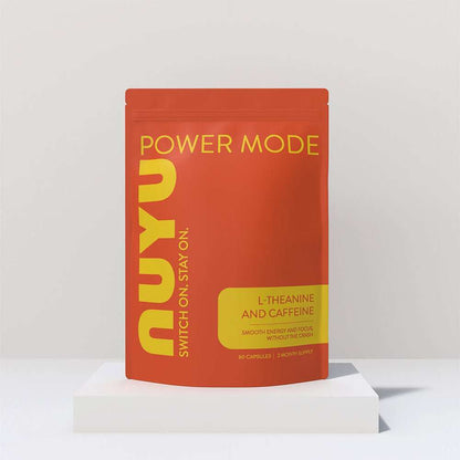 NUYU Power Mode L-Theanine Caffeine wellness supplement UK red pouch on white platform