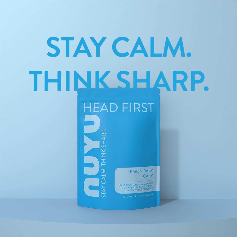 NUYU Lemon Balm Sleep Calm blue packaging with topical magnesium for sleep message