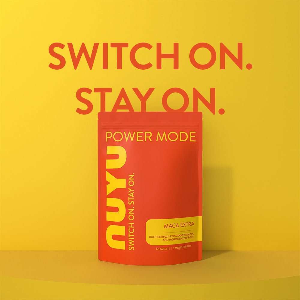 NUYU Maca Root wellness supplement UK in bold red packaging on vibrant yellow background