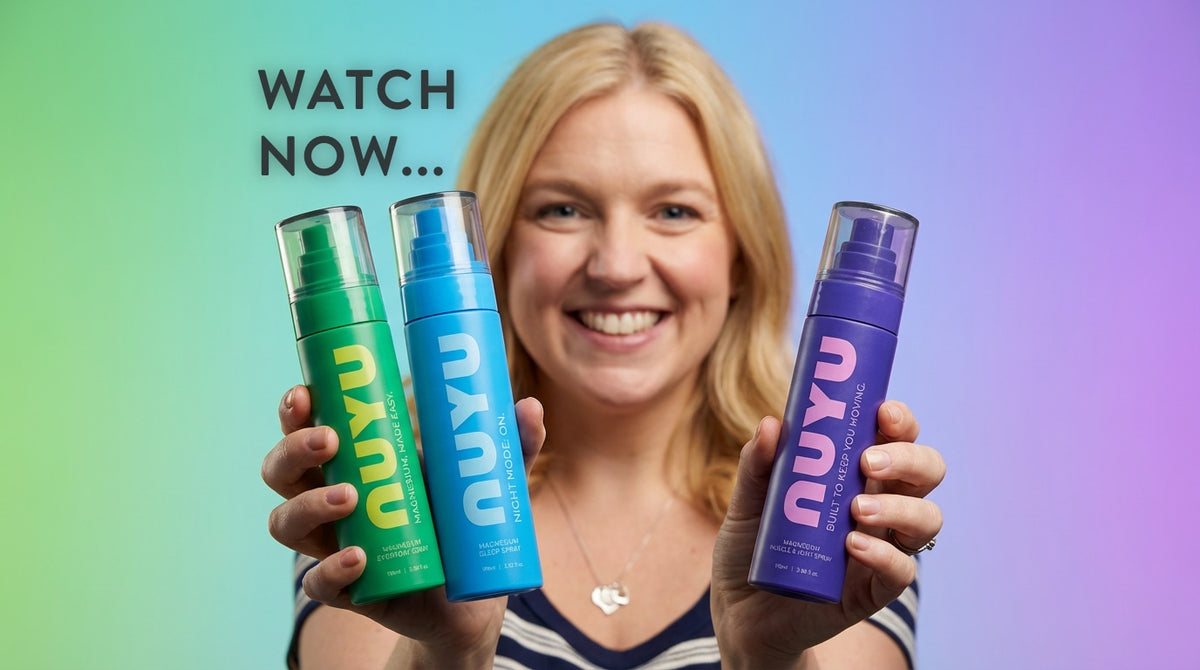 Nuyu wellness products held by smiling woman with watch now text