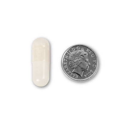 NUYU magnesium supplement UK capsule size comparison with British coin on white background