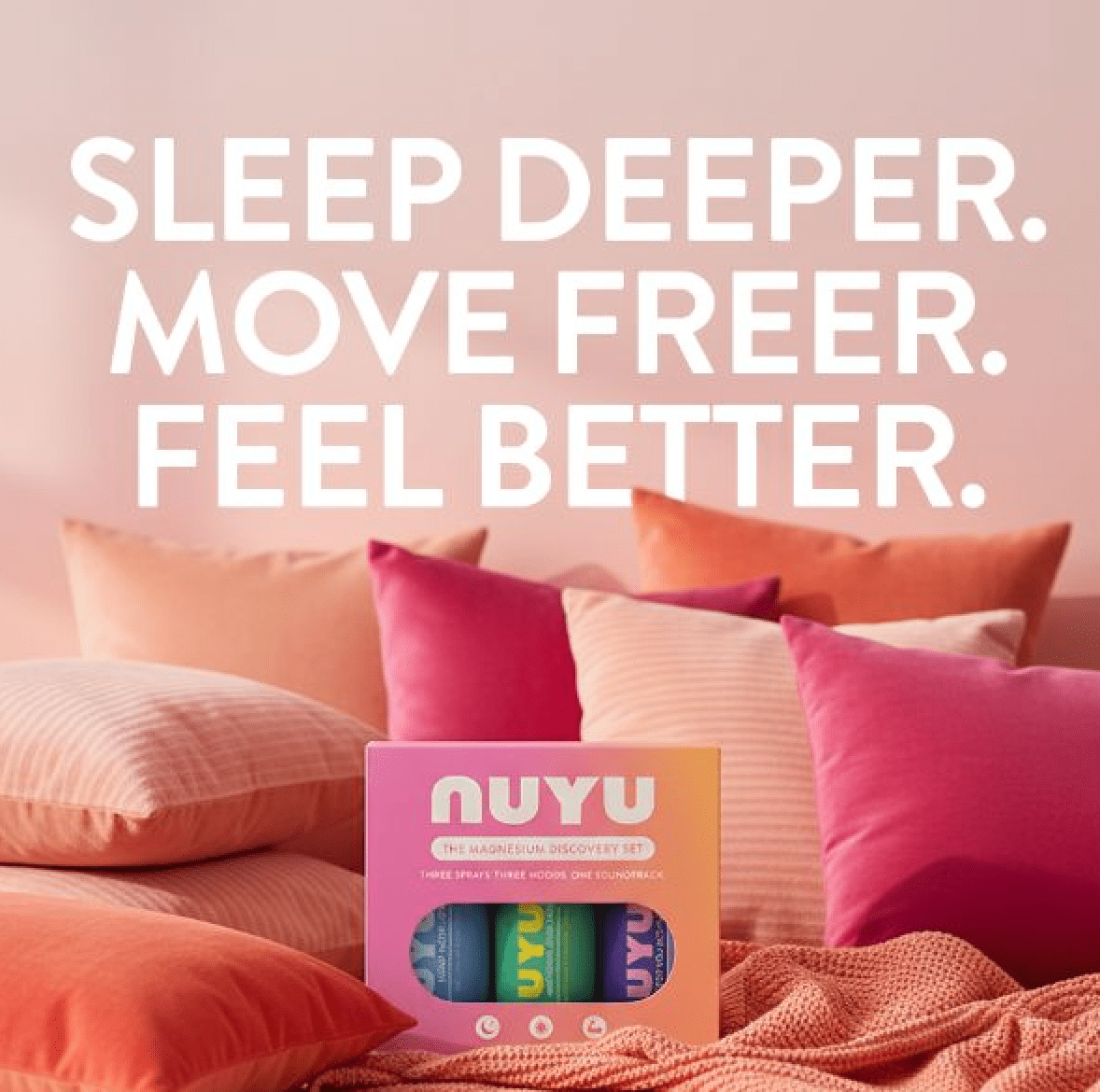 NUYU magnesium supplement UK discovery set on coral pink bedding with matching pillows
