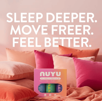 NUYU magnesium supplement UK discovery set on coral pink bedding with matching pillows