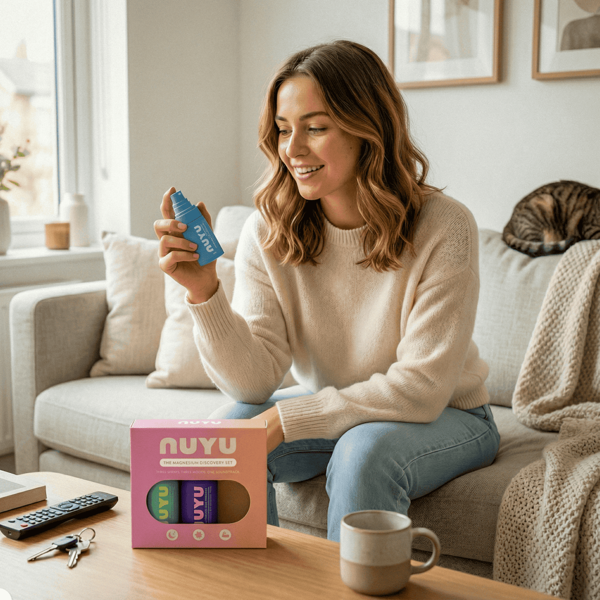 NUYU magnesium supplement UK discovery set unboxed on coffee table with woman holding blue spray bottle