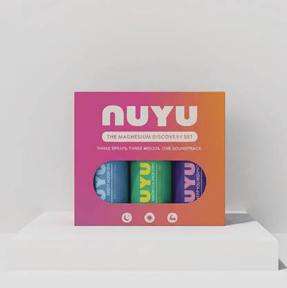 NUYU Magnesium Discovery Set pink orange gradient box with three topical magnesium sprays