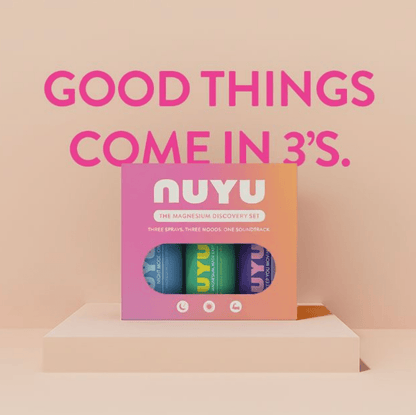NUYU magnesium supplement UK discovery set with three colorful sprays on pink gradient backdrop