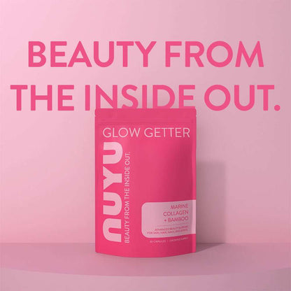 NUYU marine collagen supplement UK in pink packaging against gradient pink background