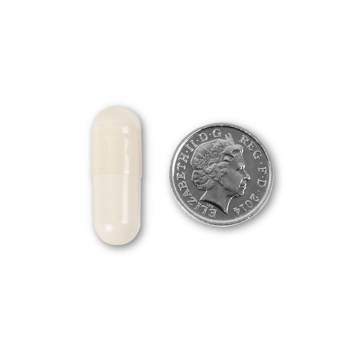 NUYU marine collagen supplement UK capsule size comparison with British coin
