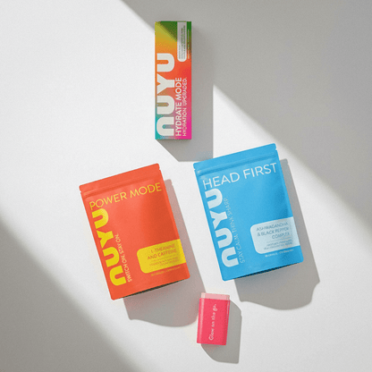 NUYU Mind Mode nutrition kit with colorful wellness supplement UK packaging on white surface
