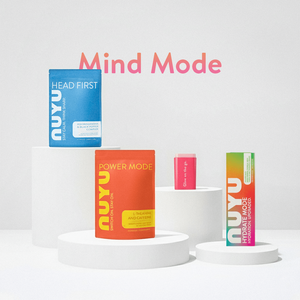 NUYU Mind Mode wellness supplement UK kit with four colorful product boxes on white pedestals
