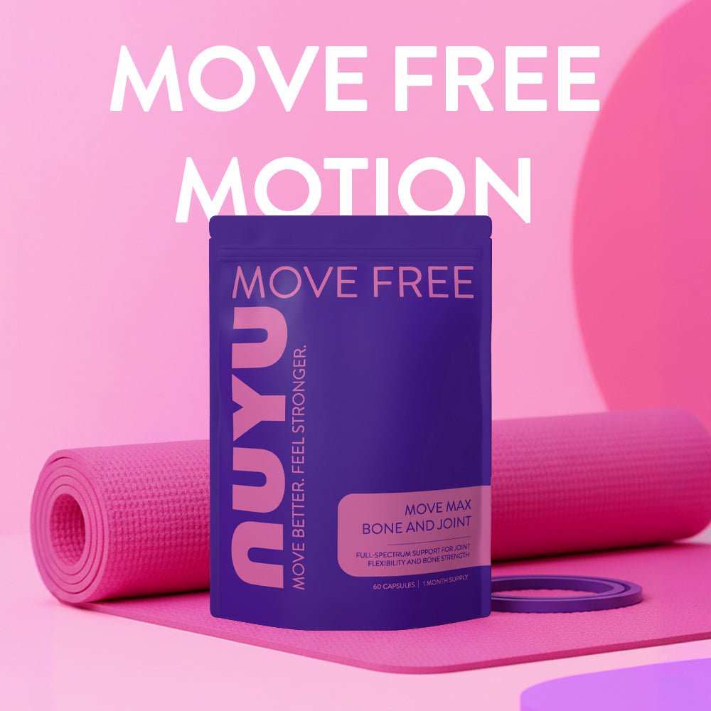 NUYU MOVE MAX magnesium joint spray UK purple bottle on pink yoga mat with fitness rings