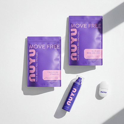 NUYU Move Free Bundle wellness supplement UK products with purple packaging on white surface