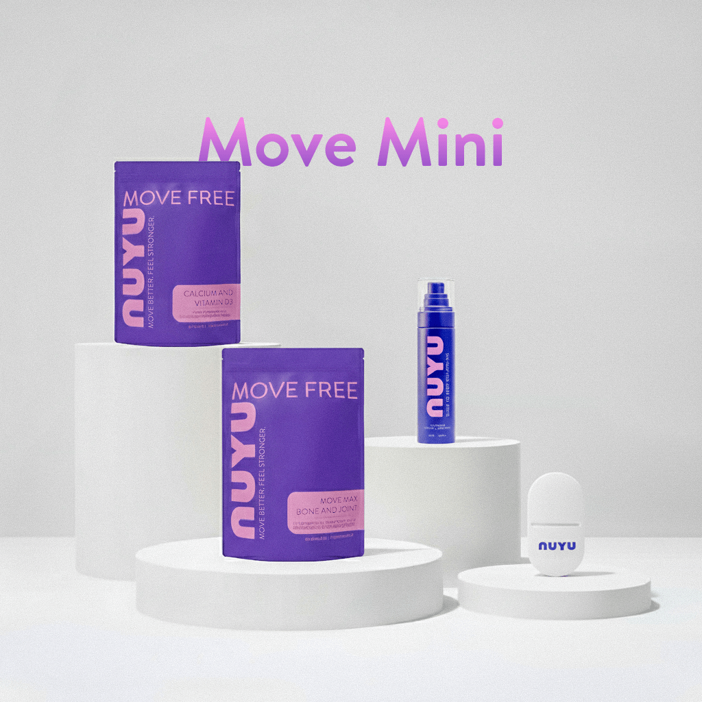 NUYU Move Mini wellness supplement UK bundle with purple packaging on white pedestals