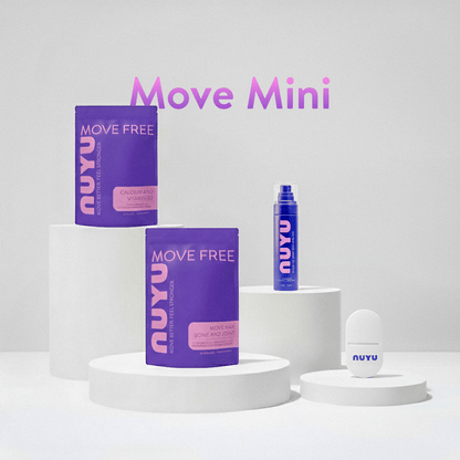 NUYU Move Mini wellness supplement UK bundle with purple packaging on white pedestals