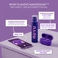 NUYU magnesium muscle recovery spray UK with purple packaging, phone and earbuds on white surface