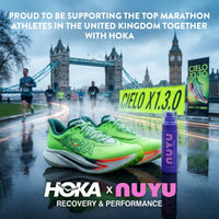 NUYU magnesium muscle recovery spray UK partnership with HOKA running shoes London marathon