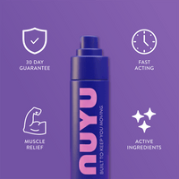NUYU magnesium muscle recovery spray UK with purple bottle and benefit icons on gradient background