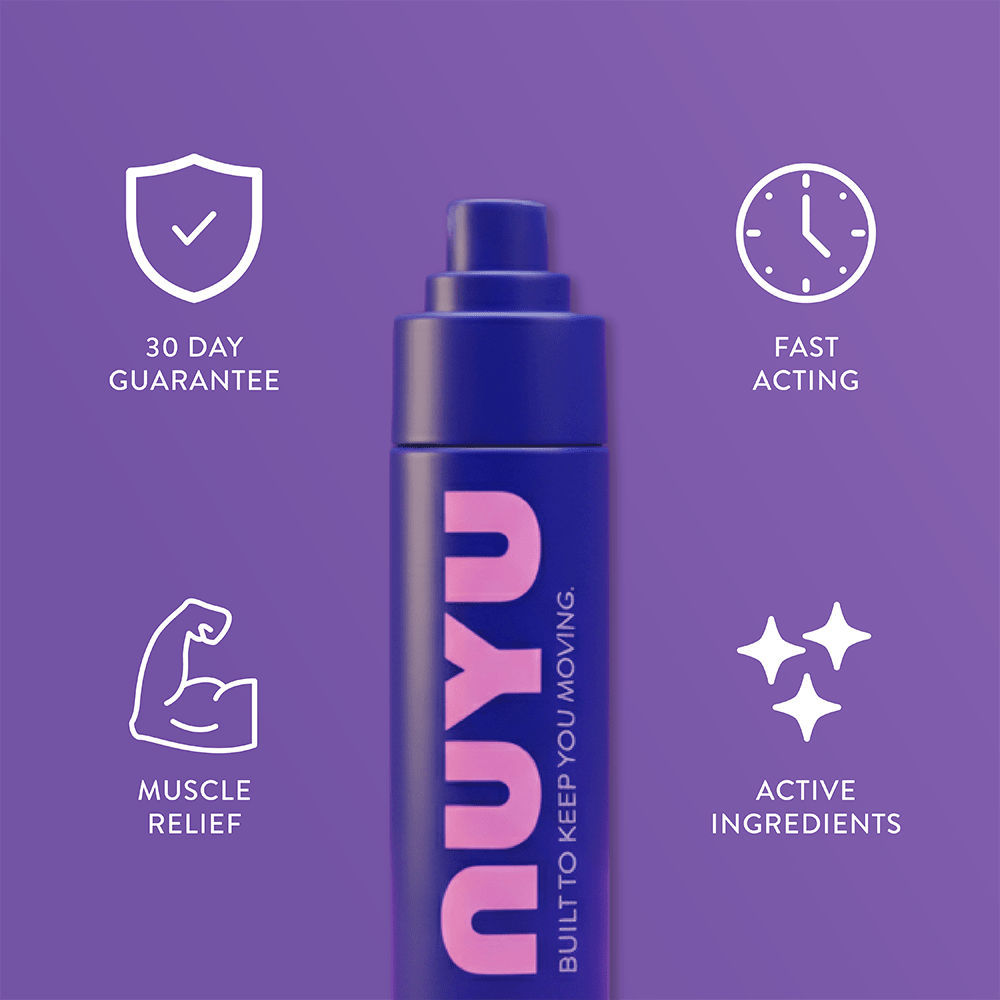 NUYU magnesium muscle recovery spray UK with purple bottle and benefit icons on gradient background